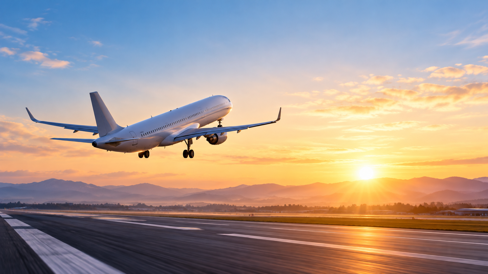 Passenger aircraft taking off at sunrise